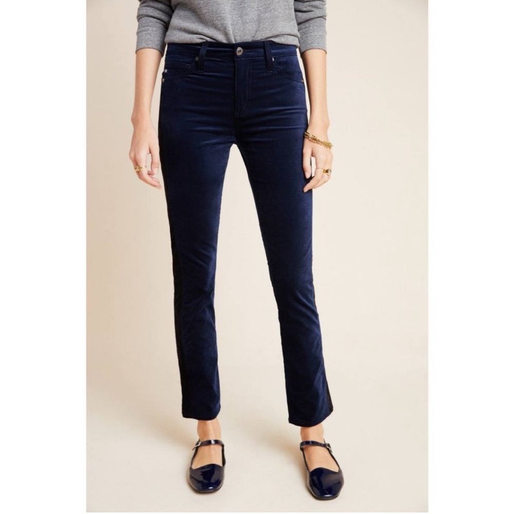 AG Adriano Goldschmied Mari Straight Leg Velvet Tuxedo Pants Jeans 28 Navy Black